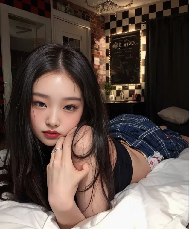 arafed asian woman lying on a bed with a black and white checkered wall, korean girl, jennie pink black, ulzzang, beautiful Asian girl, young Asian girl, Beautiful young Korean woman, beautiful south korean woman, Instagram Template, Asian girl, asian features, Beautiful young Korean woman, pale korean adorable face, young and adorable korean face