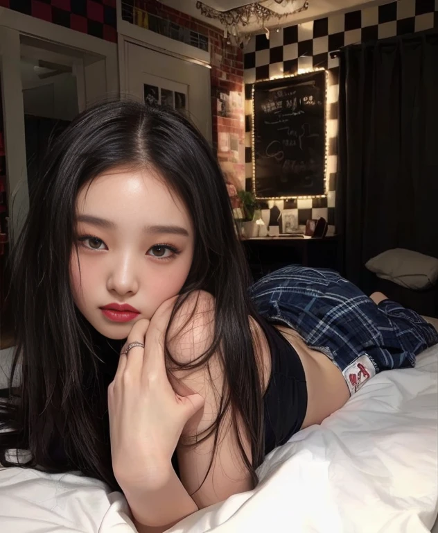 arafed asian woman lying on a bed with a black and white checkered wall, korean girl, jennie pink black, ulzzang, beautiful Asian girl, young Asian girl, Beautiful young Korean woman, beautiful south korean woman, Instagram Template, Asian girl, asian features, Beautiful young Korean woman, pale korean adorable face, young and adorable korean face