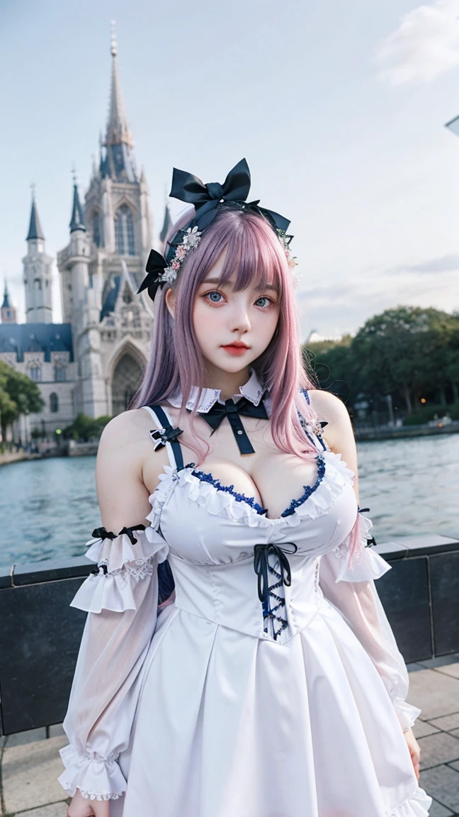Gorgeus Girl, Beautiful, Baby Face, 20 Years Old, White Skin, Colossal Breasts, Side Pose, Gothic Straps, White Gothic Outfit Costumes Halloween, Blue Eye, Muscles, Bokeh, Modern Place Background, Masterpiece, Fullbody Shot, Straight Pink Hair