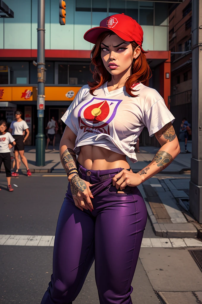 1 female, fierce gangster, asian, pistol tucked in pants, cute slanty eyes, full sleeve geisha tattoos on right arm, teardrop tattoo in cheek, hip hop clothes, realistic lips, oversized white t-shirt, hourglass figure, on the street corner, light brown hair, purple eyes, angry, red hair, baseball cap, best quality.