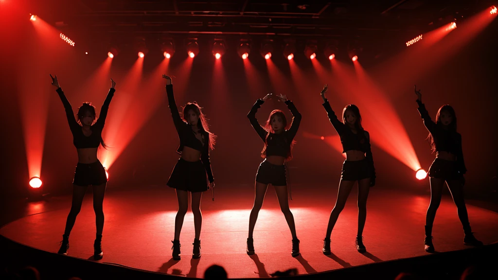 Kpop concept pictures. Girl group 4 members. Red lights, black silhouettes dancing