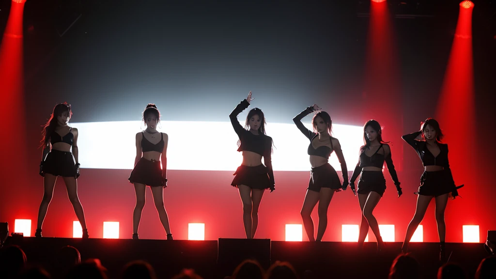 Kpop concept pictures. Girl group 4 members. Red lights, black silhouettes dancing