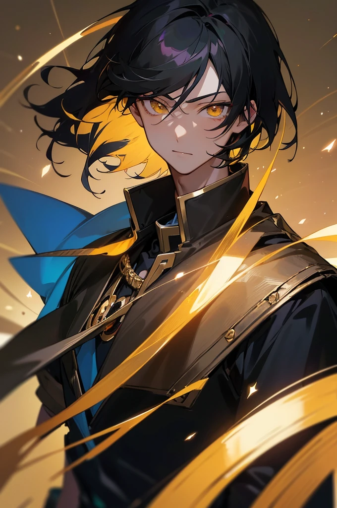 (best quality, masterpiece anime boy, blpnde, dark simple background, galaxy, black hair, golden eyes, looking at viewer, upper body