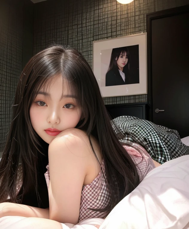 arafed asian woman lying on a bed with a black and white checkered wall, korean girl, jennie pink black, ulzzang, beautiful Asian girl, young Asian girl, Beautiful young Korean woman, beautiful south korean woman, Instagram Template, Asian girl, asian features, Beautiful young Korean woman, pale korean adorable face, young and adorable korean face