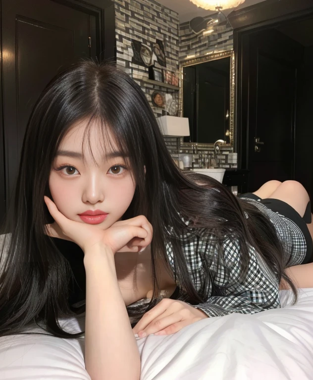 arafed asian woman lying on a bed with a black and white checkered wall, korean girl, jennie pink black, ulzzang, beautiful Asian girl, young Asian girl, Beautiful young Korean woman, beautiful south korean woman, Instagram Template, Asian girl, asian features, Beautiful young Korean woman, pale korean adorable face, young and adorable korean face