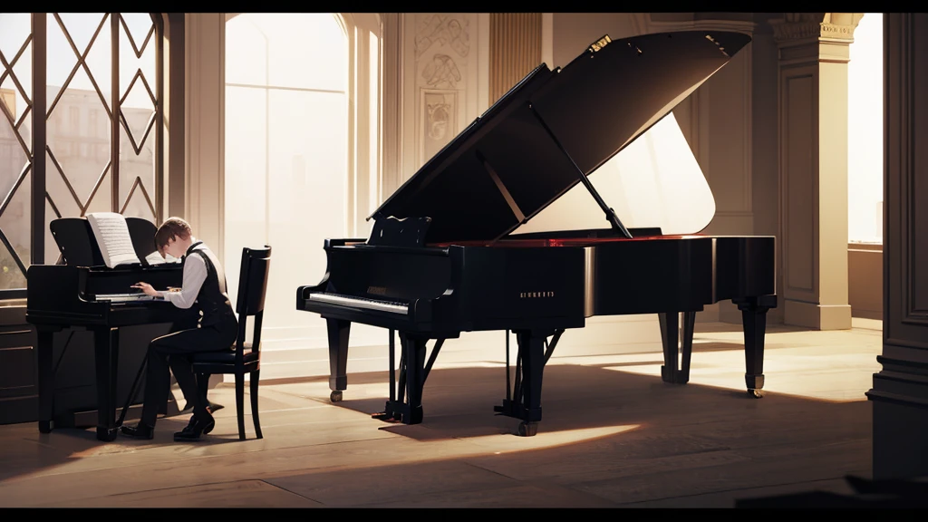 One playing the piano with a black Audi in the background