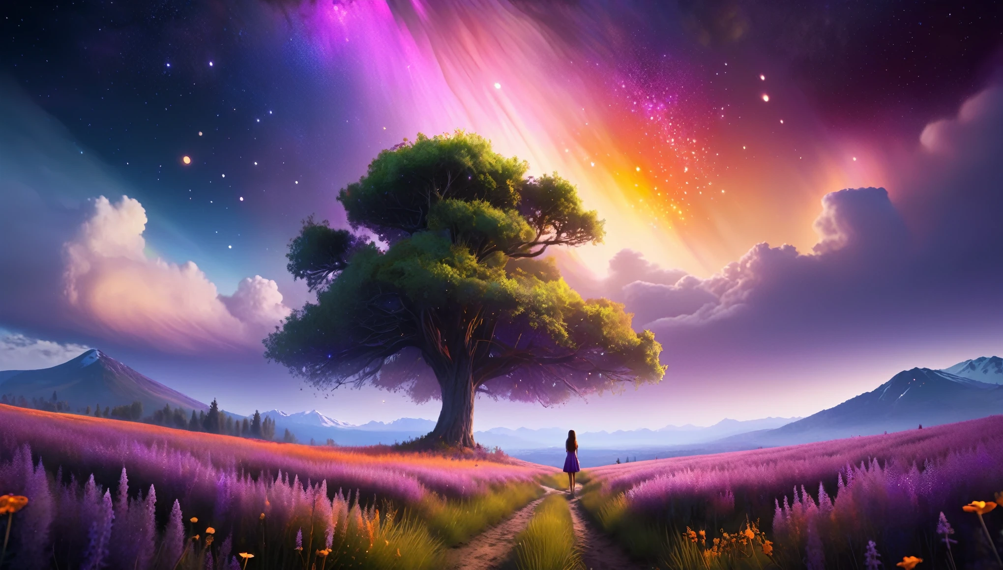 Huge landscape photo, (bottom view, sky above and open field below), A girl stands in a flower field and looks up, (Take the key: 1.2), (meteor: 0.9), (nebula: 1.3), distant mountains, BREAK Creating artistic trees, (warm light: 1.2), (fireflies: 1.2), lights, lots of purple and orange, complex parts, volumetric lighting, Realism (First job: 1.2), (better quality), 4K, ultra detailed, (dynamic compositing: 1.4), very detailed and colorful details, (rainbow colors: 1.2), (bright lighting, atmospheric lighting), dreamer, magic, (One: 1.2)