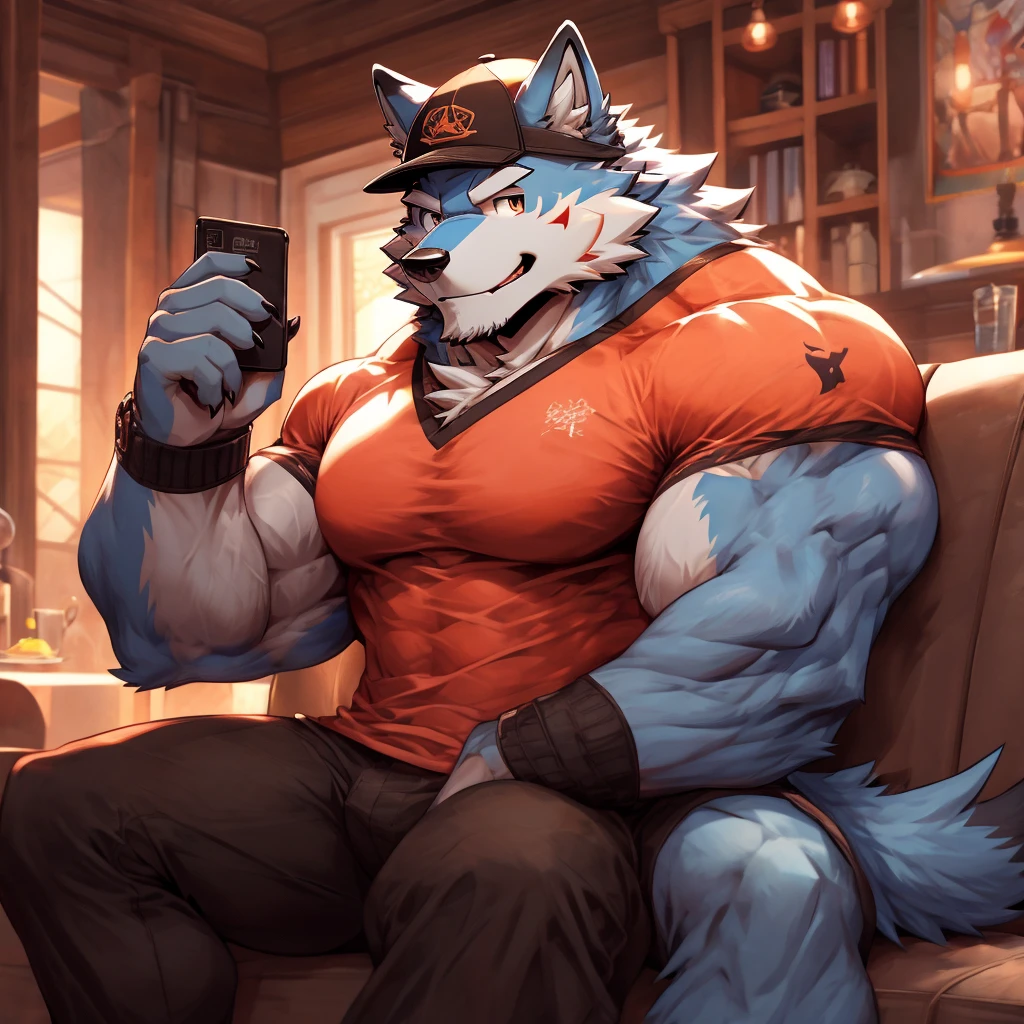 Wolf, Furry Anthro , Light Blue wolf , Light Blue Fur , sexy , bara , muscle , big chest , big butt ,Wearing black cap,(Front Cap), wearing long sleeve shirt , (tight shirt), Smile, Close Eyes , cute face , handsome ,Sharp looking, 1 hand pose (ultra details) , (4k) , (masterpiece), (Best quality) ,Solo , Sitting In Couch , Playing Phone