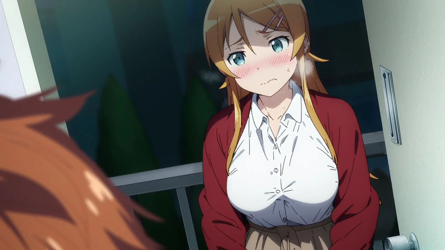 1girl, kousaka kirino, ore no imouto ga konna ni kawaii wake ga nai, masterpiece, best quality, very aesthetic, absurdres, (faint light), (deep shadows), anime coloring, nsfw, blush, cinematic lighting, realistic shadows, fine_ascxl, anime screencap, heavy breathing, steaming_body, (medium_breasts:0.9), night, nighttime, pitch black room, Finely detailed background, (nervous:1.0), , , , , ,