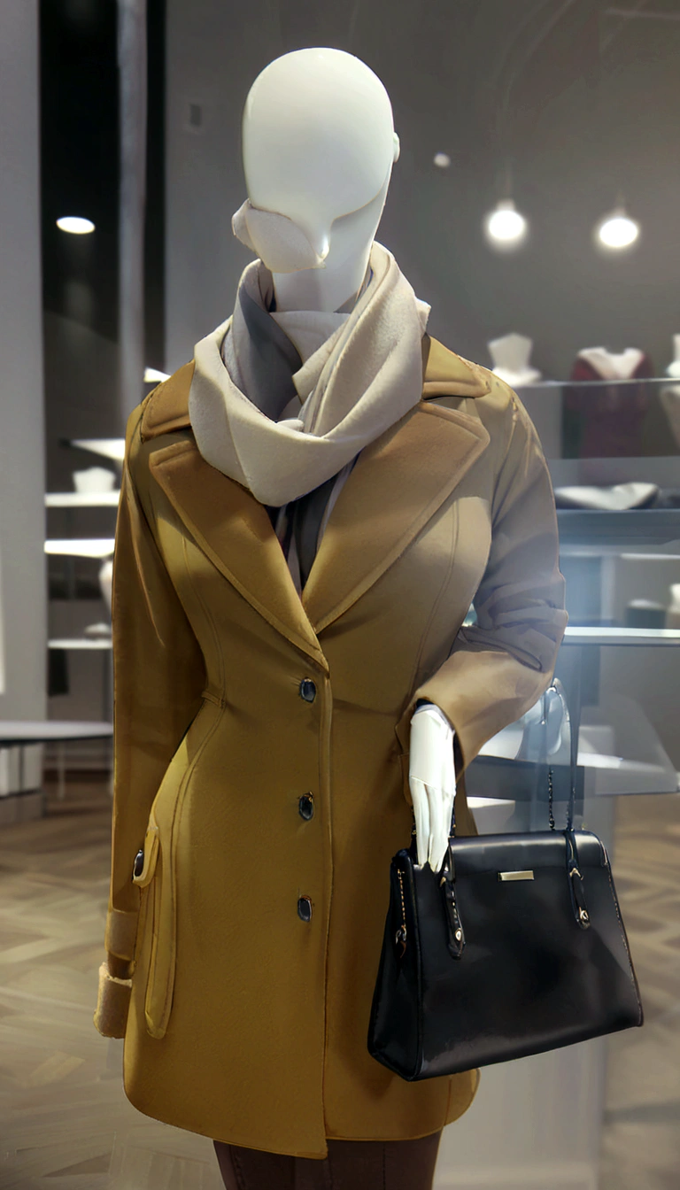araffe mannequin dressed in a tan coat and scarf holding a black purse, light brown coat, on a mannequin. high qualiy, on a mannequin. high resolution, light brown above all, woman is in a above all, brown jacket, jacket over the bare torso, brown clothes, short coat, wearing hunter coat, above all, mannequin