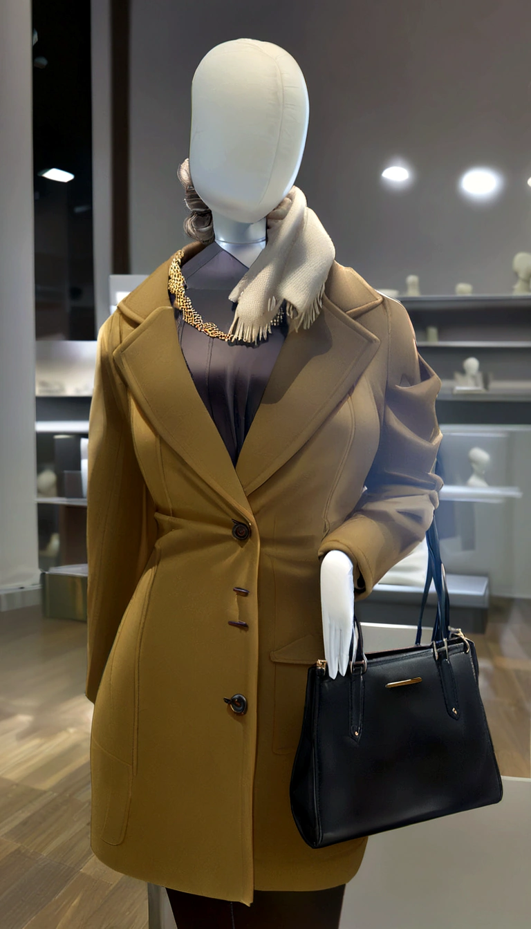 araffe mannequin dressed in a tan coat and scarf holding a black purse, light brown coat, on a mannequin. high qualiy, on a mannequin. high resolution, light brown above all, woman is in a above all, brown jacket, jacket over the bare torso, brown clothes, short coat, wearing hunter coat, above all, mannequin