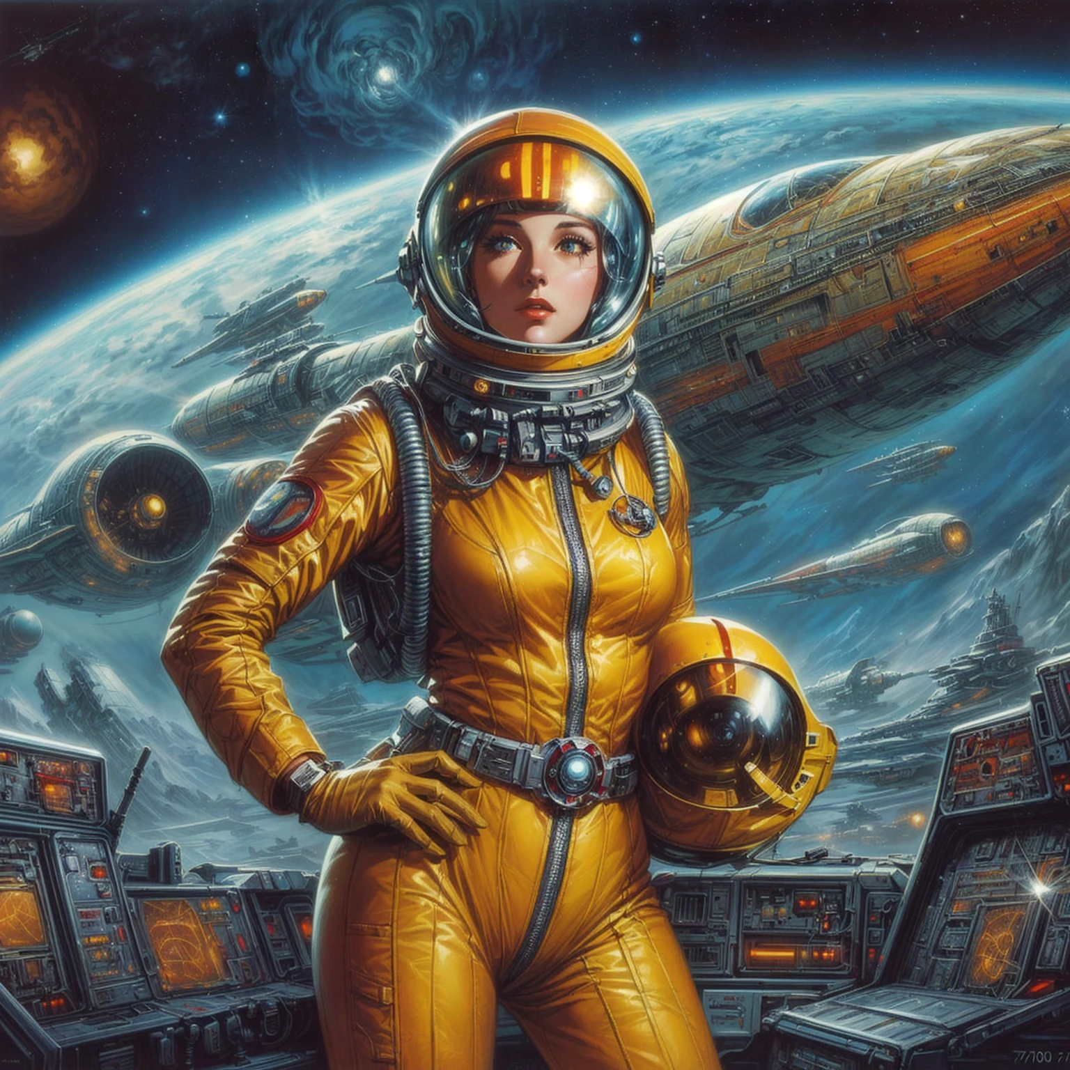 Arafed woman in a spacesuit stands in front of a spaceship, Retro-Science-Fiction-Kunst, Vintage Science-Fiction-Kunst, 8 0's style tomasz alen kopera, Retro 1 9 6 0 S Sci - Fi Kunst, 1 9 8 0 s Retro-Science-Fiction-Kunst, 7 0 s Sci-Fi-Kunst, Retro sci-fi art of the 70s