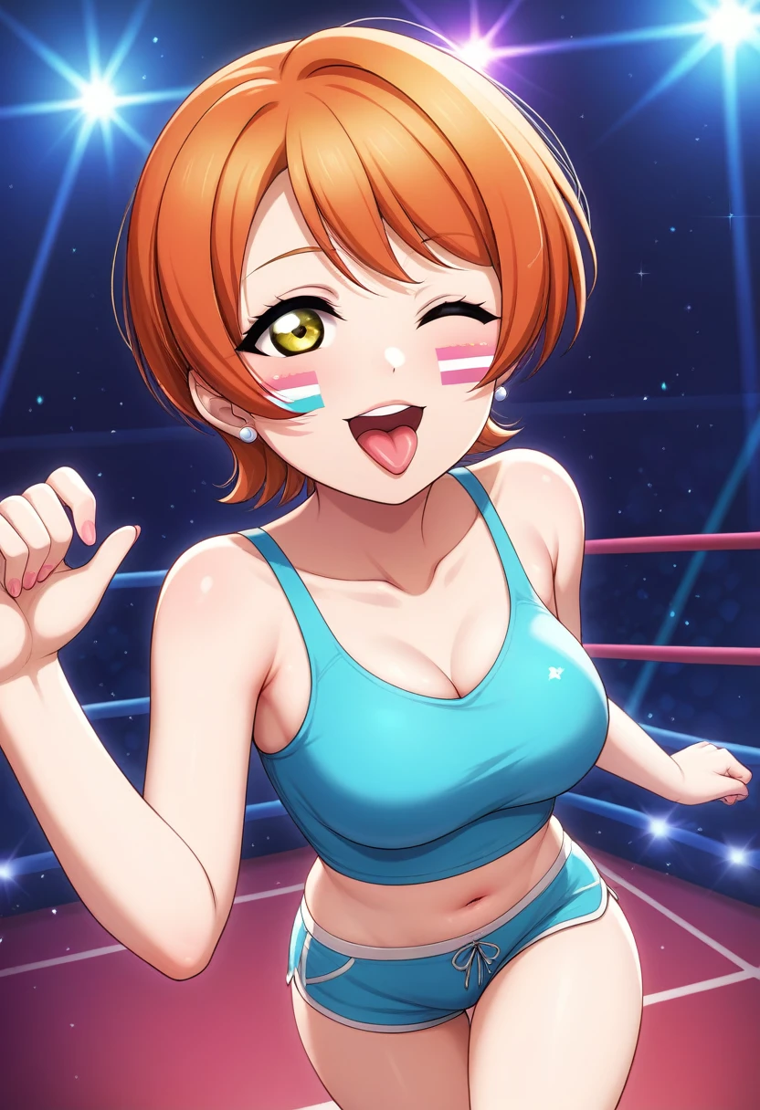 Masterpiece, sksrin, beautiful , facial details, 8k wallpaper, Rin Hoshizora Love Live, short hair, white gym bra, micro shorts , wrestling outfit,(lipstick:0.8), (face paint),Fascinated by her beauty ,wink, moist skin,thin waist ,short girl, skindentation , tongue out, open mouth