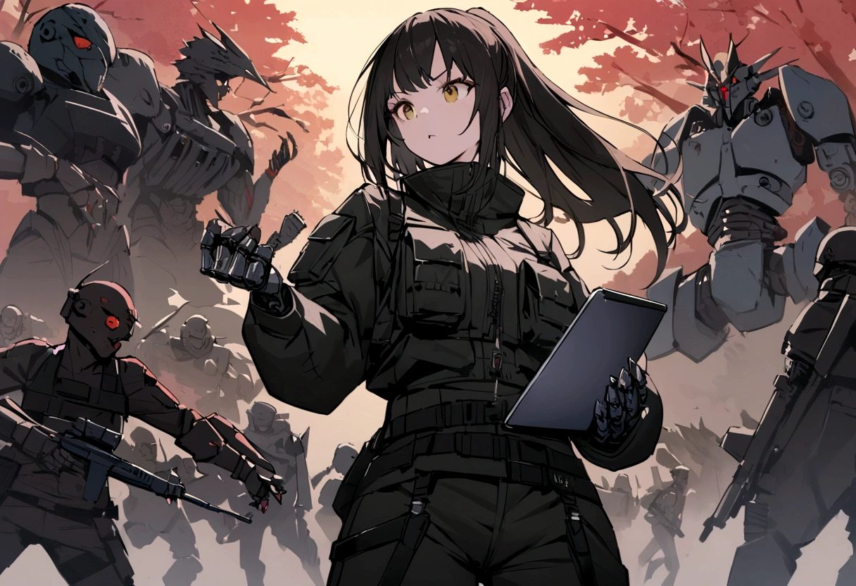 (Best quality), Oriental detailed background, Science fiction,Mechanical arms, Girl fights robot with her laptop, War, Monster army, techwear outfits, army suit