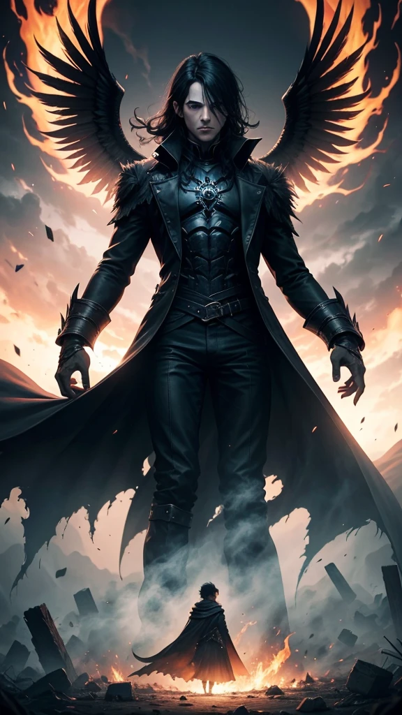 Dark Book Cover:
A man who is a fallen angel tes the scene, its immense black wings contrasting with its pale skin. Her short black hair falls wildly over her face., partially hiding your dark eyes. He is kneeling, with one knee touching the rough ground, wrapped in a long black overcoat that flaps in the wind. Behind him, a flaming portal to hell emerges, radiating a sinister and threatening light, projecting shadows that seem to move with a life of their own. The atmosphere is filled with despair and mystery, capturing the essence of a world lost between redemption and damnat