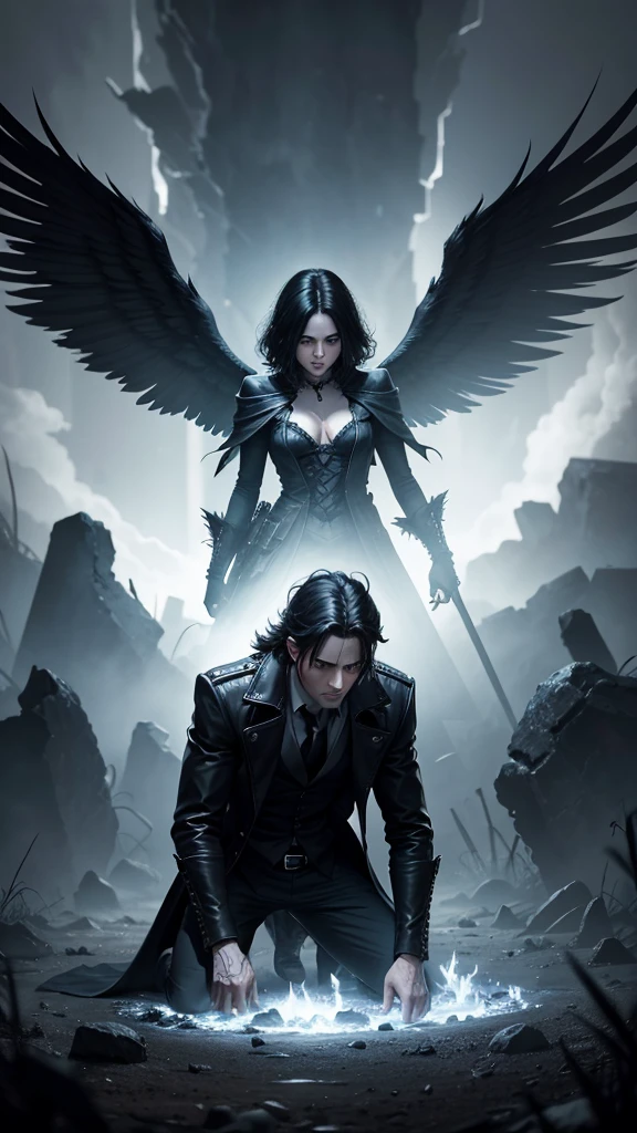 Dark Book Cover:
A man who is a fallen angel dominates the scene, its immense black wings contrasting with its pale skin. Her short black hair falls wildly over her face., partially hiding your dark eyes. He is kneeling, with one knee touching the rough ground, wrapped in a long black overcoat that flaps in the wind. Behind him, a flaming portal to hell emerges, radiating a sinister and threatening light, projecting shadows that seem to move with a life of their own. The atmosphere is filled with despair and mystery, capturing the essence of a world lost between redemption and damnation.