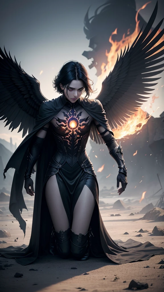 Dark Book Cover:

A man who is a fallen angel dominates the scene, its immense black wings contrasting with its pale skin. Her short black hair falls wildly over her face., partially hiding your dark eyes. He is kneeling, with one knee touching the rough ground, wrapped in a long black overcoat that flaps in the wind. Behind him, a flaming portal to hell emerges, radiating a sinister and threatening light, projecting shadows that seem to move with a life of their own. The atmosphere is filled with despair and mystery, capturing the essence of a world lost between redemption and damnation.