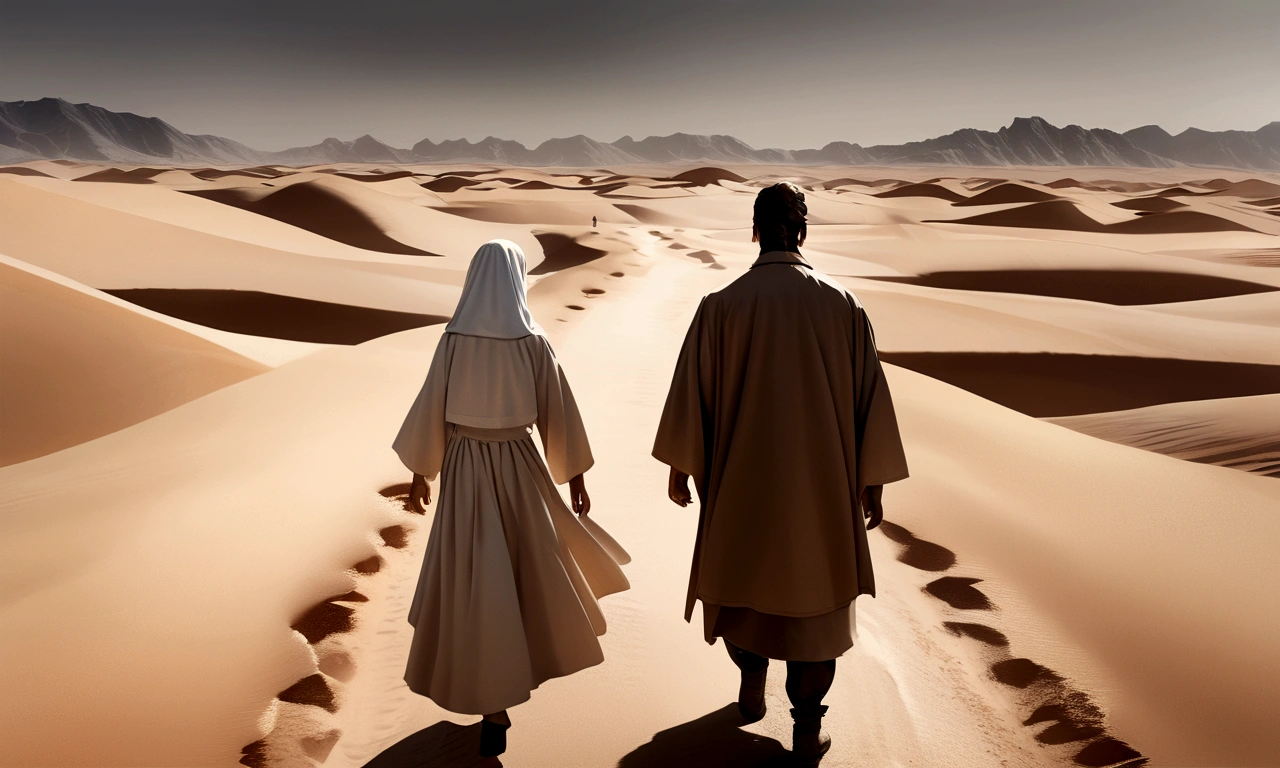A hyper-realistic image of Abraham and Sarah walking through a desert landscape. They display determination and resilience, symbolizing trust in God's promise