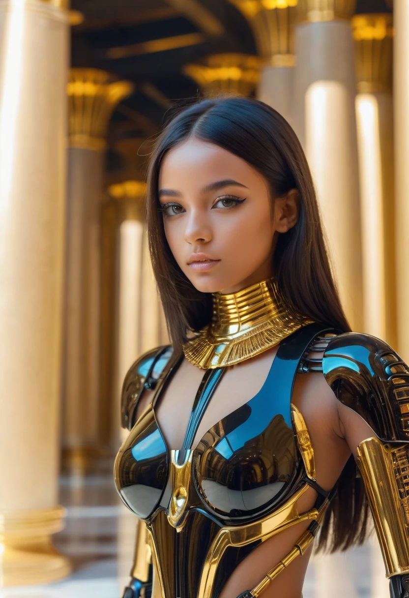 close-up, without clothes cute sexual black 17 years girl wears an insectoid exoskeleton made from glass parts, shoots me by a laser blaster,  looking at me, flirt, love me, cybernetic parts of body, straight hair, against the backdrop gold Egyptian columns, ultra high quality detailing