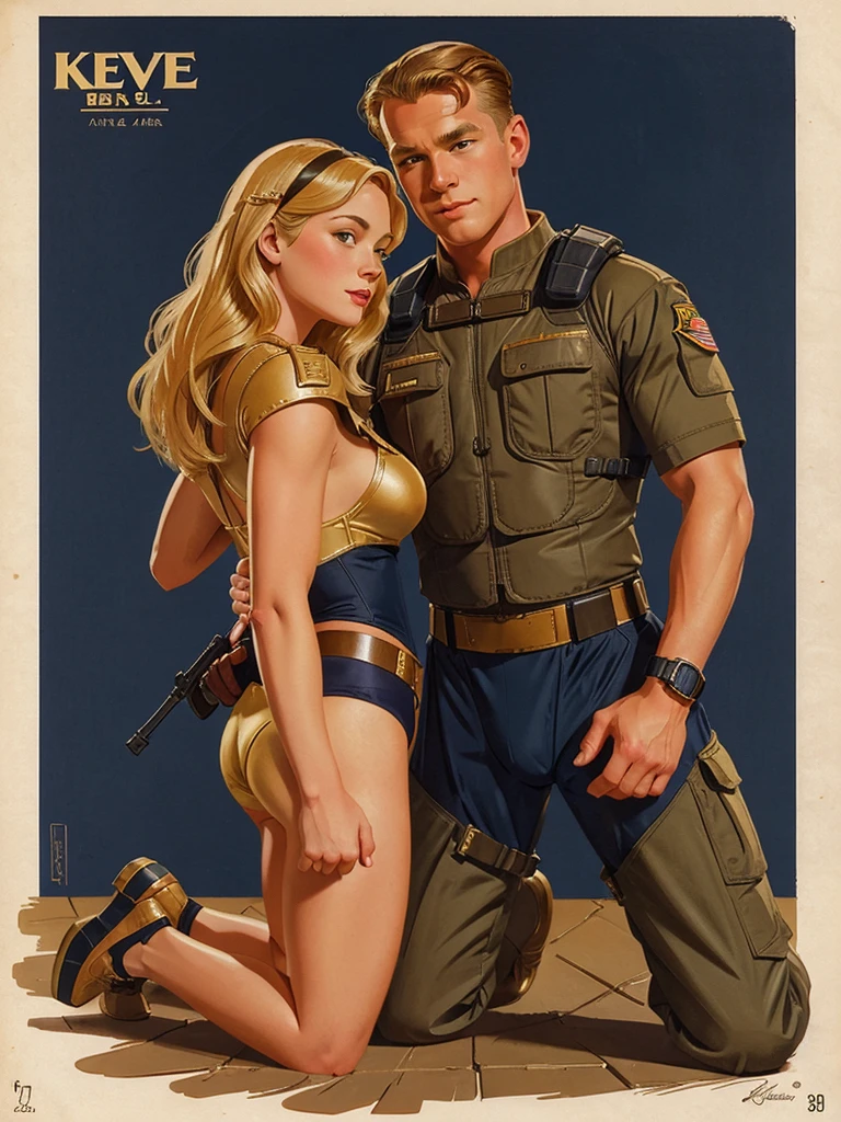 Leyendecker style illustration of a blonde Navy SEAL making love to a girl. He is dressed in a Kevlar body armor, the girl is kneeling in front of him, unbuttoning his trousers and underpants.