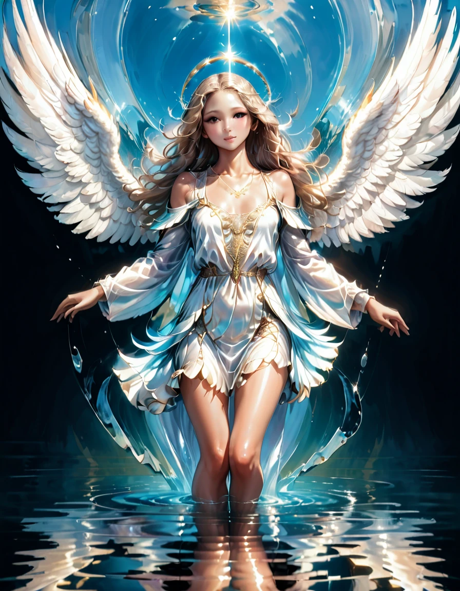 a picture of a female angel flying over a lake ((the angel's reflection mirrored perfectly in the lake: 1.5)), full body shot, a beautiful female angel, divine beauty angel, ((ultra detailed face: 1.5)), (best detailed face: 1.5), dynamic eye color, dynamic hair color, dynamic hair style, intense gaze, wearing dynamic clothing, hovering over a lake, (white angelic wings spread: 1.3), (((a perfect reflection of the angel seen in the lake: 1.5))) vibrant, Ultra-high resolution, High Contrast, masterpiece:1.2, highest quality, Best aesthetics), best details, best quality, highres, ultra wide angle, 16k, [ultra detailed], masterpiece, best quality, (extremely detailed), 