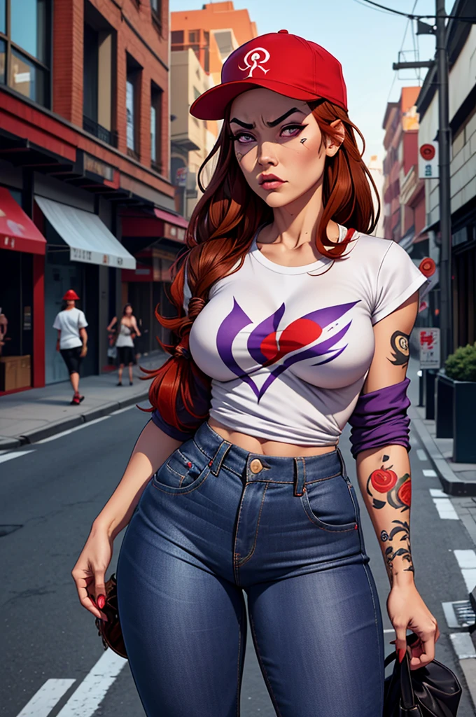 1 female, fierce gangster, asian, pistol tucked in pants, cute slanty eyes, full sleeve geisha tattoos on right arm, teardrop tattoo in cheek, hip hop clothes, oversized white t-shirt, hourglass figure, on the street corner, light brown hair, purple eyes, angry, red hair, baseball cap, best quality.