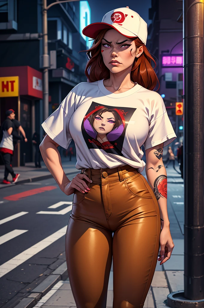 1 female, fierce gangster, asian, pistol tucked in pants, cute slanty eyes, full sleeve geisha tattoos on right arm, teardrop tattoo in cheek, hip hop clothes, oversized white t-shirt, hourglass figure, on the street corner, light brown hair, purple eyes, angry, red hair, baseball cap, best quality.