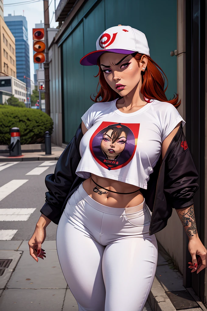 1 female, fierce gangster, asian, pistol tucked in pants, cute slanty eyes, full sleeve geisha tattoos on right arm, teardrop tattoo in cheek, hip hop clothes, oversized white t-shirt, hourglass figure, on the street corner, light brown hair, purple eyes, angry, red hair, baseball cap, best quality.