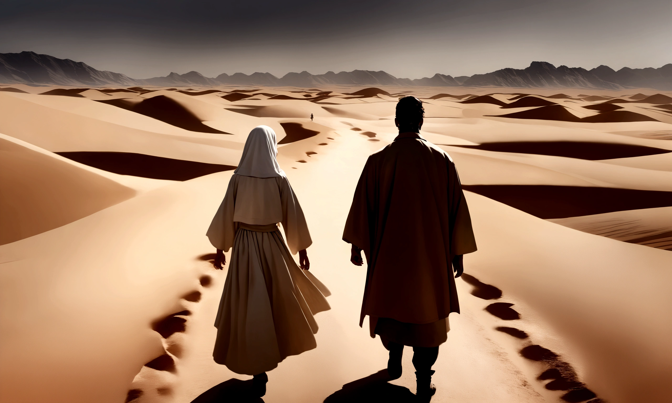 A hyper-realistic image of Abraham and Sarah walking through a desert landscape. They display determination and resilience, symbolizing trust in God's promise