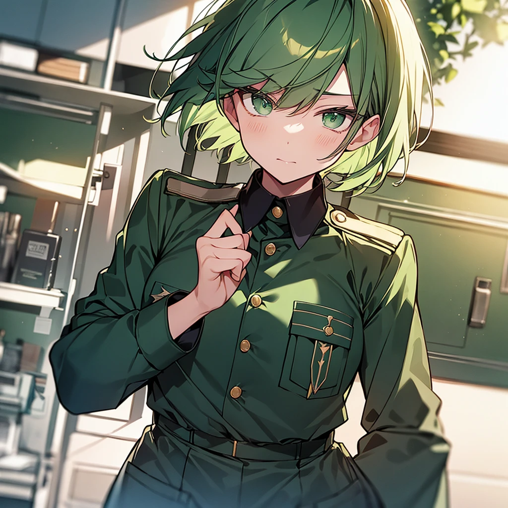 Green eyes, green hair, short hair, MHA uniform, alone 