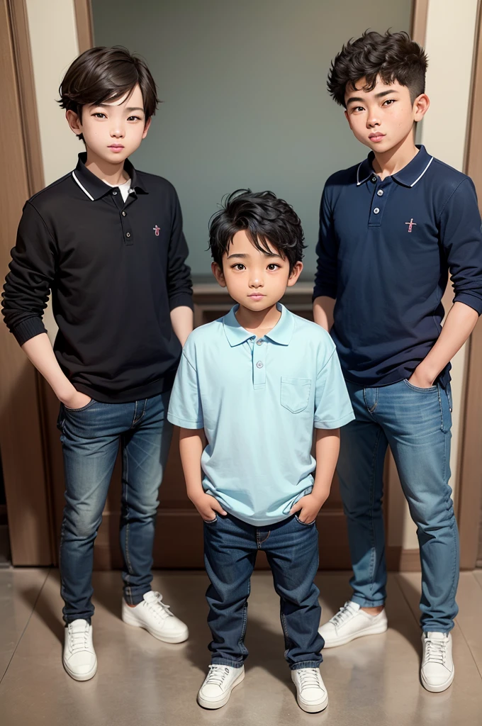 masterpiece, best quality, three people (((Boy))) smiled standing up, jeans, (polo shirt), time, seorang anak time, ((full body)) 