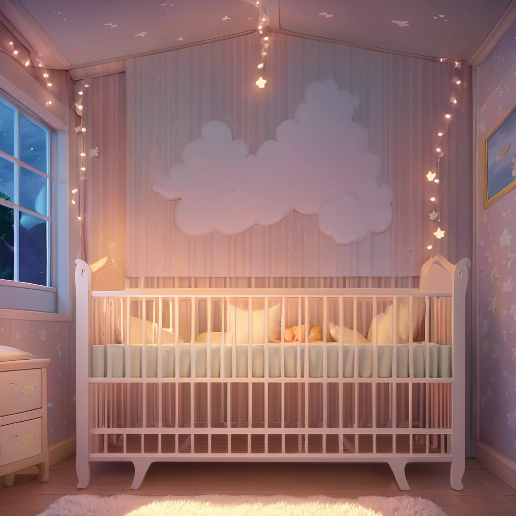 ((Masterpiece)), ((Best Quality)), (Very Detailed), ((Very Detailed)), 4K, (8K), very aesthetic, absurdres highres, 1baby, anthropomorphic rabbit, furry, kemono, A blonde baby sleeps in a white wooden crib in a quiet room bathed in soft moonlight. The baby has small angel wings on its back and is sleeping with a calm expression on its face. In order, the curtains are embroidered with small stars. Soft light in pastel colors spreads around the room, and a fluffy white rug is spread on the floor. We have an overall friendly and lovely atmosphere. There are hand-painted pictures of clouds and stars on the walls, and small star-shaped lights floating on the ceiling.