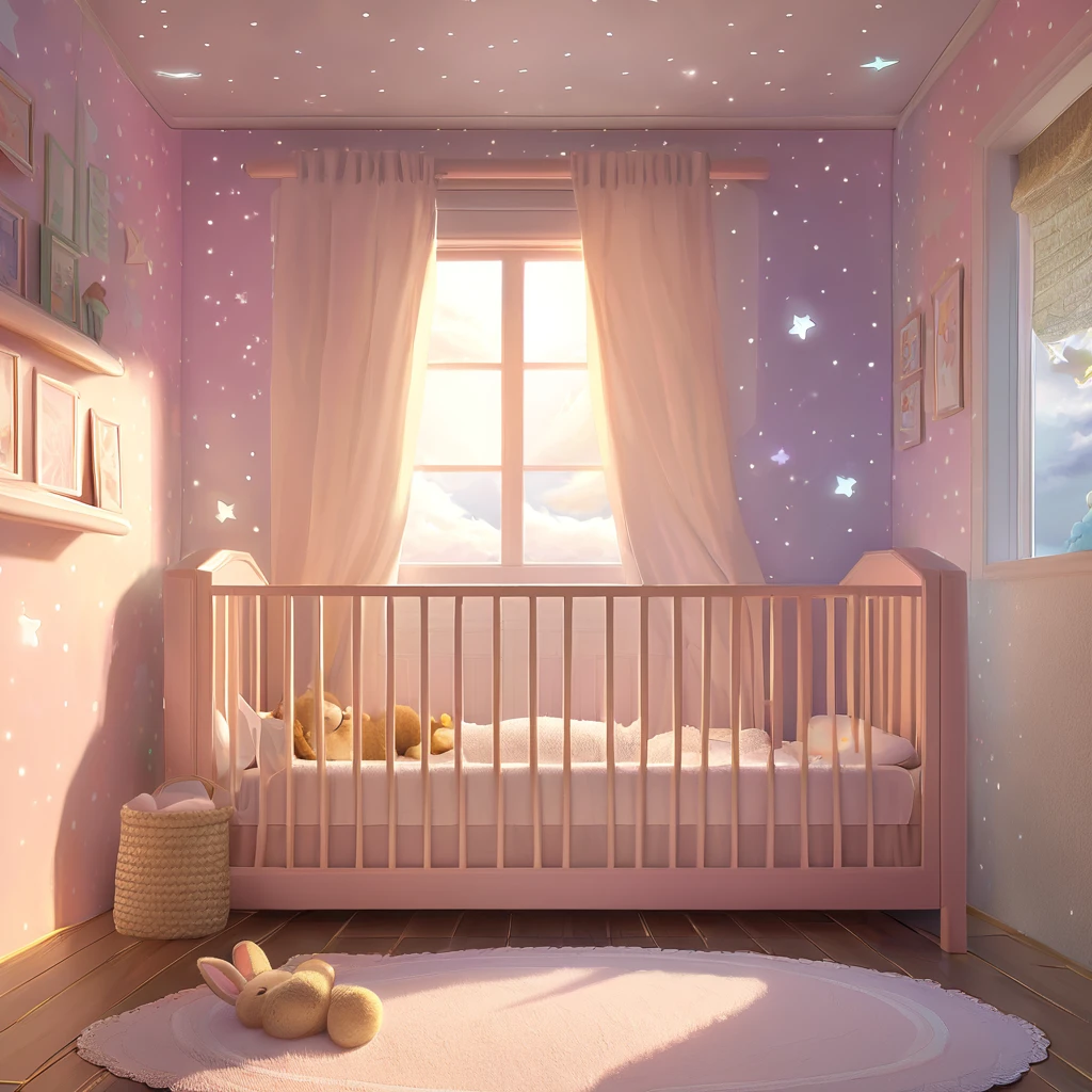 ((Masterpiece)), ((Best Quality)), (Very Detailed), ((Very Detailed)), 4K, (8K), very aesthetic, absurdres highres, 1baby, anthropomorphic rabbit, furry, kemono, A blonde baby sleeps in a white wooden crib in a quiet room bathed in soft moonlight. The baby has small angel wings on its back and is sleeping with a calm expression on its face. In order, the curtains are embroidered with small stars. Soft light in pastel colors spreads around the room, and a fluffy white rug is spread on the floor. We have an overall friendly and lovely atmosphere. There are hand-painted pictures of clouds and stars on the walls, and small star-shaped lights floating on the ceiling.
