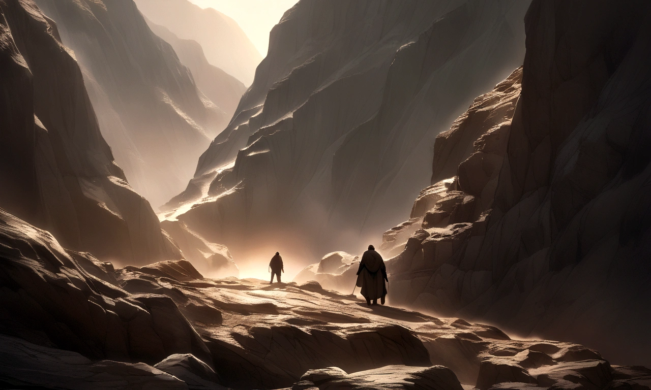 A hyper-realistic scene of Abraham and Isaac climbing a rugged mountain path. The atmosphere is dramatic, emphasizing the test of faith and their determined expressions