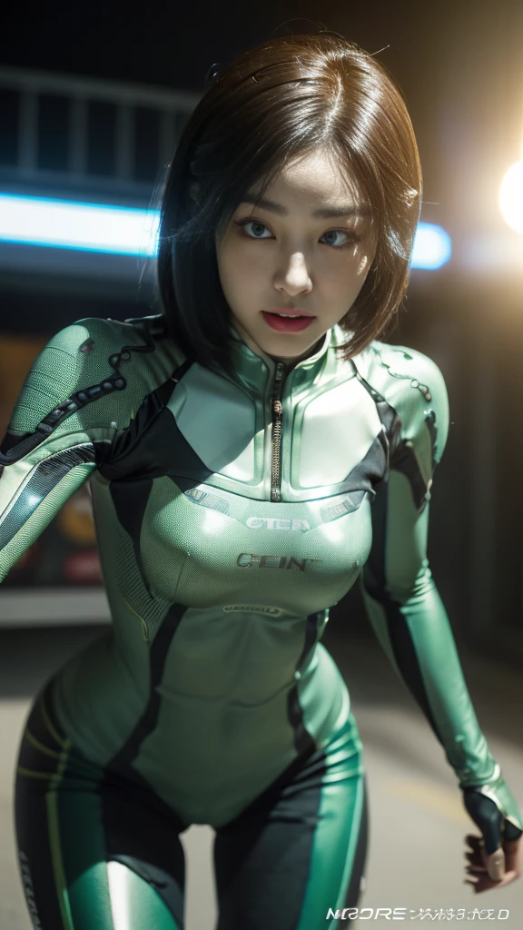 (((A woman with a mechanized body))), dynamic podium: 1.3), (realistic:1.5), (realistic:1.4), 8k, Super detailed beautiful girl, 1 girl, (a sunny day:1.5), intricate body details, (short: 1.3), (highest quality: 1.0), (Super high sharpness: 1.0), (thin hair:1.4),（Beautiful and delicate depiction of eyes）,((((ride a motorcycle)))),unreal engine:1.4,photorealistic:1.4, skin texture:1.4, masterpiece:1.8,highest quality at best,(Wearing the communication headset、future city、((cybernetics))、green、Metal fingers、long limbs、((gear in joint))