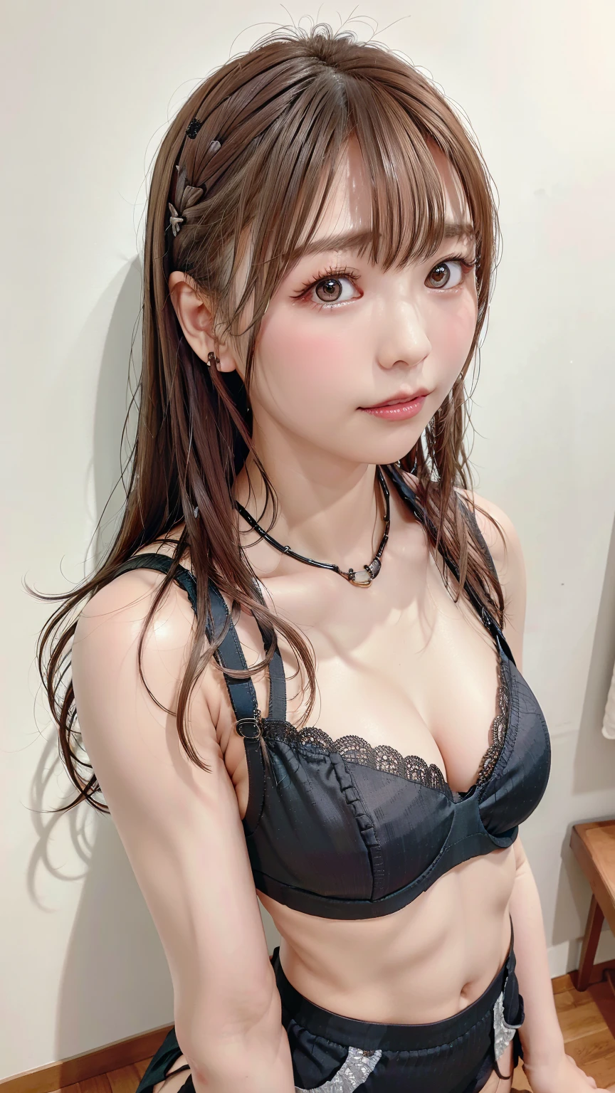 Highest quality, Realistic, Perfect Human Anatomy, Very detailed, Very delicate and beautiful, Raw photo, Professional Lighting, Illumination, Depth of written boundary, Single focus, whole body, Skinny Japanese woman, 30-year-old woman, Brown Hair, Small Head, Beautiful Eyes, True Face, Realistic skin, Fine grain, Black lace bra, Black lace panties,long hair