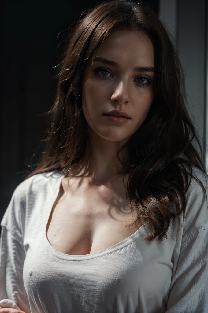 Elizabeth Henstridge, beautiful detailed eyes, beautiful detailed lips, extremely detailed face and portrait, 1woman, long hair, black jacket, white t-shirt, blue jeans, photorealistic, cinematic lighting, dramatic atmosphere, high quality, 8k, realistic, detailed, vivid colors, chiaroscuro lighting, cinematic, dramatic, moody, portrait