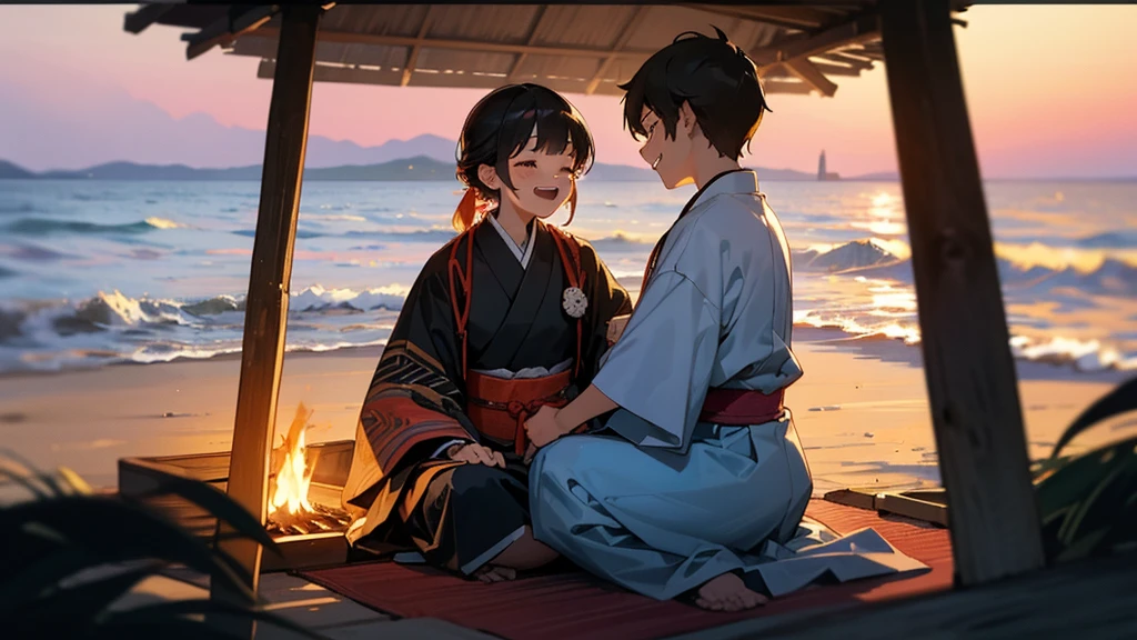 boyfriend and girlfriend dating around the campfire in the beach, hut in the right side of the picture, using tradicional japanese costume, the girl is 15 years old and the boy 18 years old, close-up shot, hidden hands, best quality, sunset, no errors, girl is laughing and the boy is smiling
