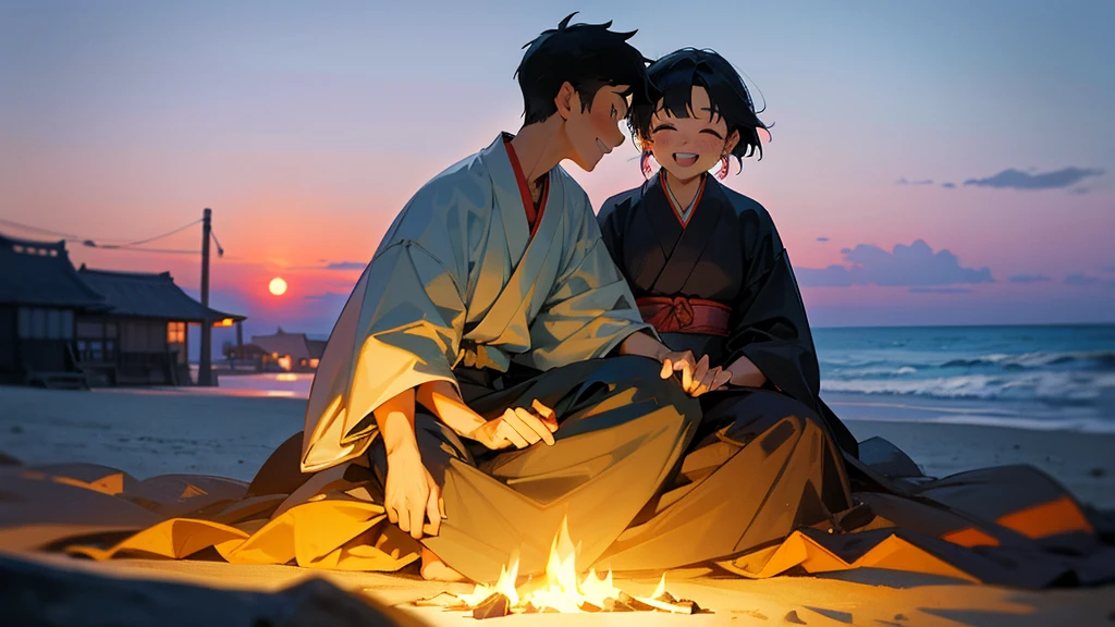 boyfriend and girlfriend dating around the campfire in the beach, hut in the right side of the picture, using tradicional japanese costume, the girl is 15 years old and the boy 18 years old, close-up shot, hidden hands, best quality, sunset, no errors, girl is laughing and the boy is smiling