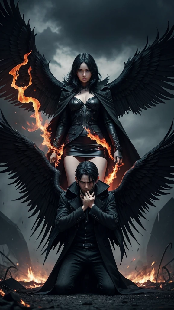 Dark Book Cover:

A man who is a fallen angel dominates the scene, its immense black wings contrasting with its pale skin. Her short black hair falls wildly over her face., partially hiding your dark eyes. He is kneeling, with one knee touching the rough ground, wrapped in a long black overcoat that flaps in the wind. Behind him, a flaming portal to hell emerges. The atmosphere is filled with despair and mystery, capturing the essence of a world lost between redemption and damnation.