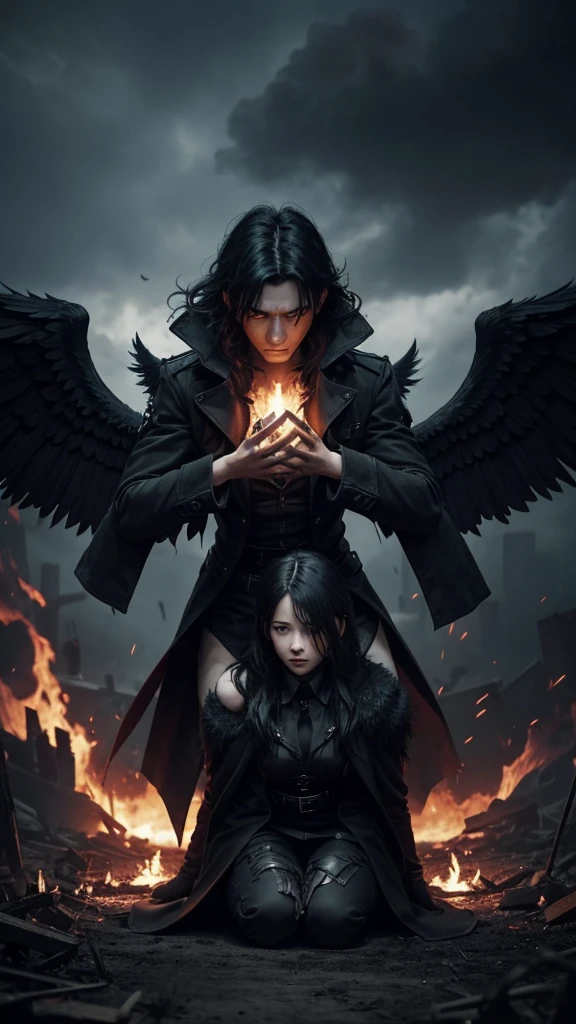 Dark Book Cover:
A man who is a fallen angel dominates the scene, its immense black wings contrasting with its pale skin. Her short black hair falls wildly over her face., partially hiding your dark eyes. He is kneeling, with one knee touching the rough ground, wrapped in a long black overcoat that flaps in the wind. Behind him, a flaming portal to hell emerges. The atmosphere is filled with despair and mystery, capturing the essence of a world lost between redemption and damnation.
