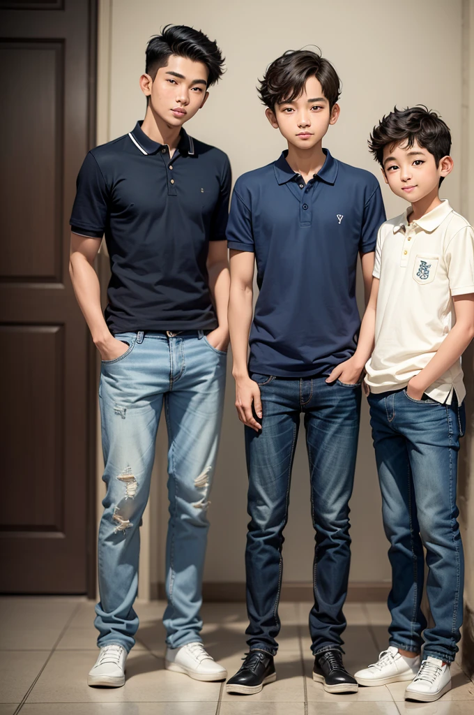 masterpiece, best quality, three people (((Boy))) smiled standing up, jeans, (polo shirt), time, seorang anak time, ((full body))