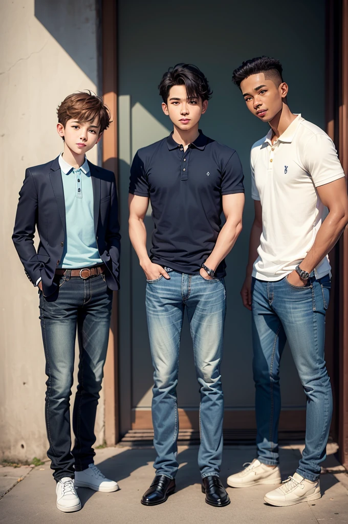 masterpiece, best quality, three people (((Boy))) smiled standing up, jeans, (polo shirt), time, seorang anak time, ((full body))