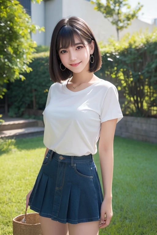 girl, White skin, Dark brown short tiered hair, V cut with layers and bangs, Brown eyes, Soft atmosphere characteristics (Highest quality, Ultra-high resolution, 8K, RAW Photos, Ultra-high resolution: 1.2, masterpiece: 1.2), (Realistic, Realistic: 1.37), Very detailed, Professional Lighting, Photon Mapping, Radio City, Physically Based Rendering, Japanese, One Girl, alone, high school girl,Black Hair, cute, Nice, Adorable, A light smile, Normal chest, T-Shirts,garden,Earrings,grass,