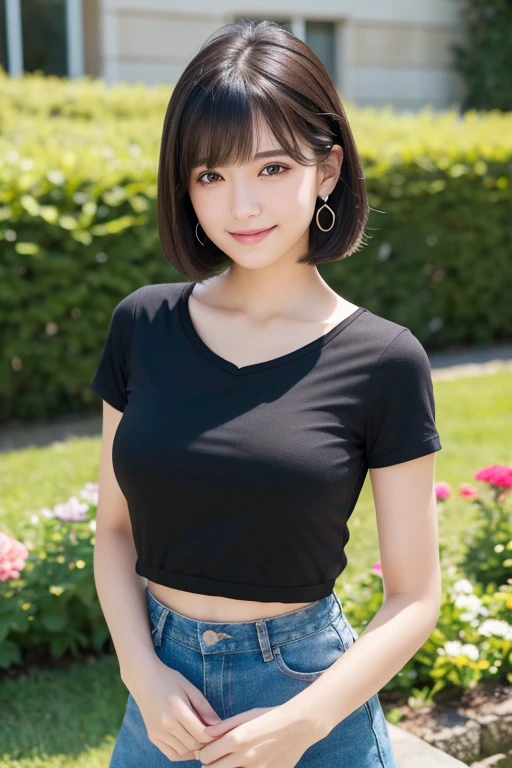 girl, White skin, Dark brown short tiered hair, V cut with layers and bangs, Brown eyes, Soft atmosphere characteristics (Highest quality, Ultra-high resolution, 8K, RAW Photos, Ultra-high resolution: 1.2, masterpiece: 1.2), (Realistic, Realistic: 1.37), Very detailed, Professional Lighting, Photon Mapping, Radio City, Physically Based Rendering, Japanese, One Girl, alone, high school girl,Black Hair, cute, Nice, Adorable, A light smile, Normal chest, T-Shirts,garden,Earrings,grass,