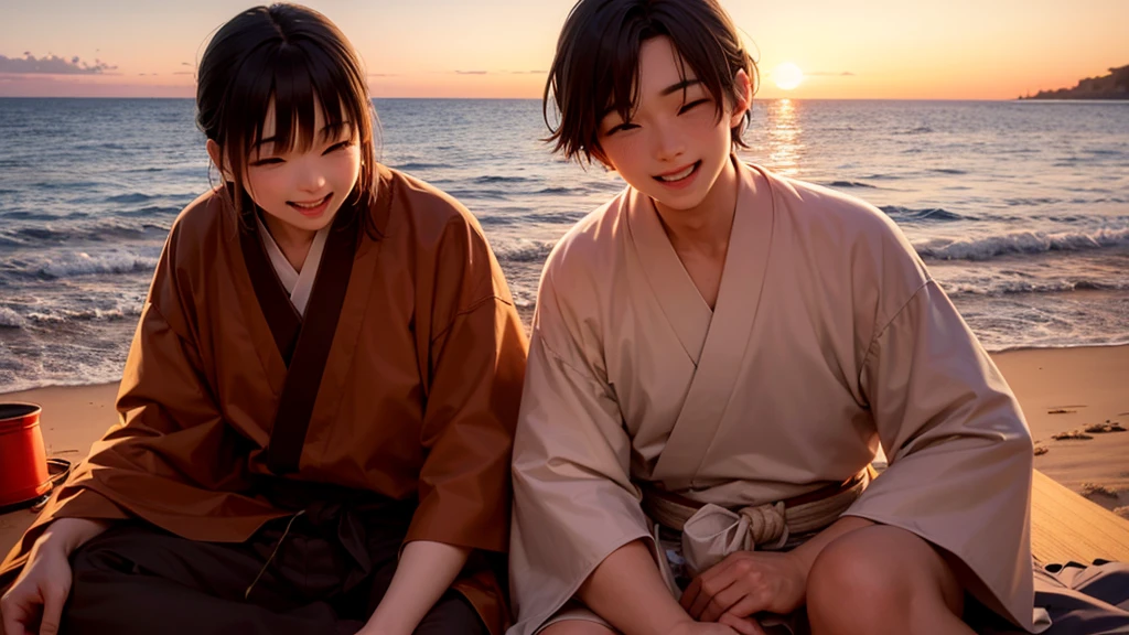 boyfriend and girlfriend dating around the campfire in the beach, hut in the right side of the picture, using tradicional japanese costume, close-up shot, hidden hands, best quality, sunset, no errors, girl is laughing and the boy is smiling