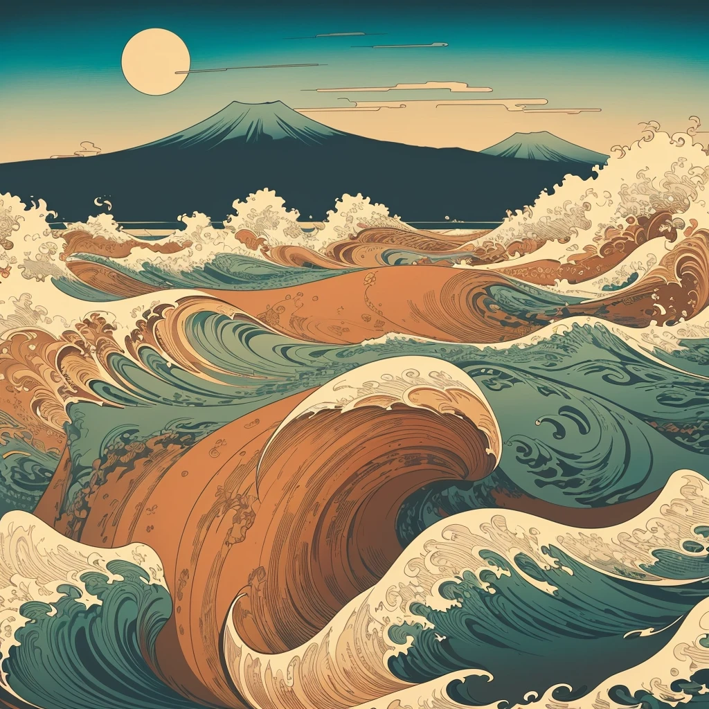 Generate a high-resolution image featuring a large, singular sun in the style of Katsushika Hokusai. The image should incorporate traditional Japanese aesthetics, with elements such as intricate line work, ukiyo-e composition, and a harmonious blend of colors."
Additional Details:
To refine the output, consider adding these details if the AI allows:
Style: "Traditional Japanese ukiyo-e"
Elements: "Elegant line work, gradient shading, and stylized clouds or waves"
Color Palette: "Warm tones with subtle gradients"
Background: "Natural elements like mountains, waves, or traditional Japanese scenery