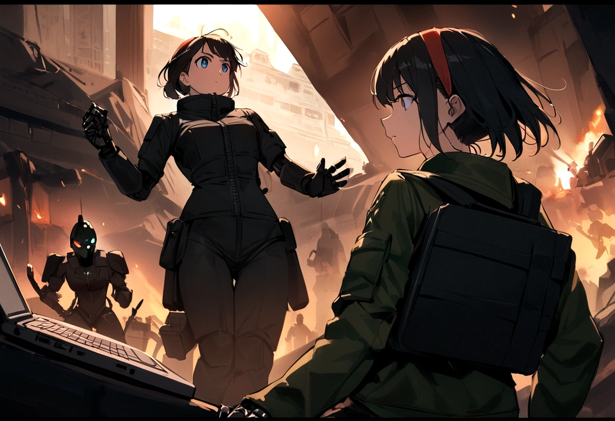 (Best quality), Oriental detailed background, Science fiction,Mechanical arms, Girl fights robot with her laptop, (laptop screen uses Linux) blue eyes, black hair, red hairband, War, robot army, techwear outfits, army suit