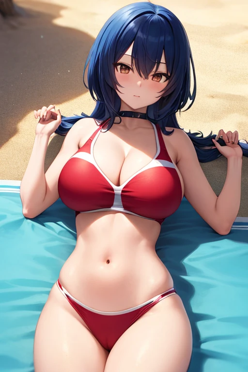 creates an anime girl lying on the beach with a red swimsuit, 25 years old with wide hips and big breasts with blue hair and brown eyes with a famous beach background