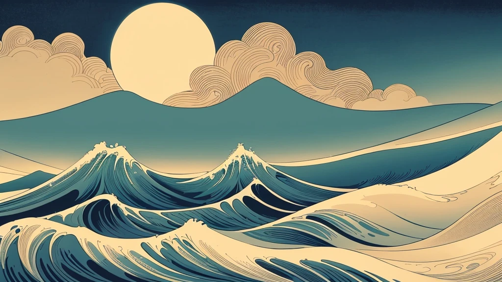 Generate a high-resolution image featuring a large, singular sun in the style of Katsushika Hokusai. The image should incorporate traditional Japanese aesthetics, with elements such as intricate line work, ukiyo-e composition, and a harmonious blend of colors."
Additional Details:
To refine the output, consider adding these details if the AI allows:
Style: "Traditional Japanese ukiyo-e"
Elements: "Elegant line work, gradient shading, and stylized clouds or waves"
Color Palette: "Warm tones with subtle gradients"
Background: "Natural elements like mountains, waves, or traditional Japanese scenery